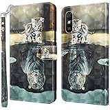 GLANDOTU Handyhülle für Xiaomi Redmi 9A / 9AT 6.53 Zoll Lederhülle [Standfunktion] [Magnetverschluss] Stoßfest Flip PU Leder Cover Case Klapphülle Redmi 9A Schutzhülle - Katze & Tiger